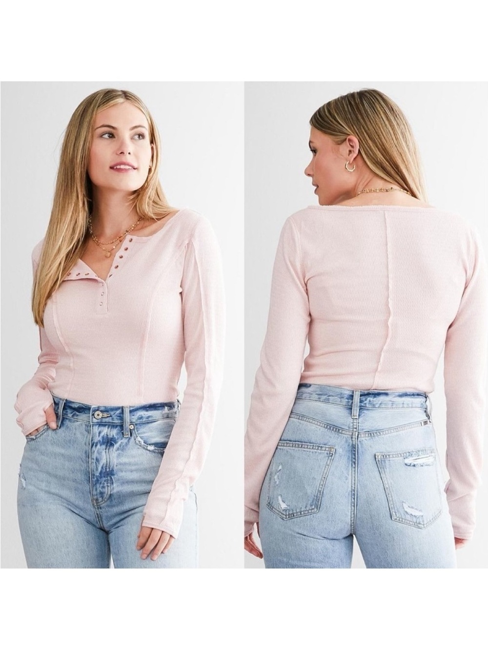 Free People Blush Ribbed Henley Long Sleeve Top